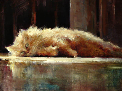 A Sunlit Nap, Oil on Board fine art painting by Milly Tsai