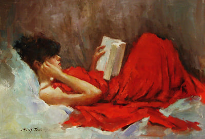 Reading, Oil on Panel fine art painting by Milly Tsai