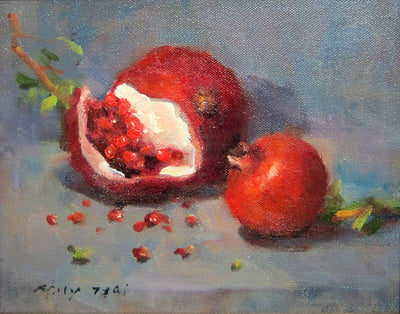 Two Pomegranates, Oil fine art painting by Milly Tsai